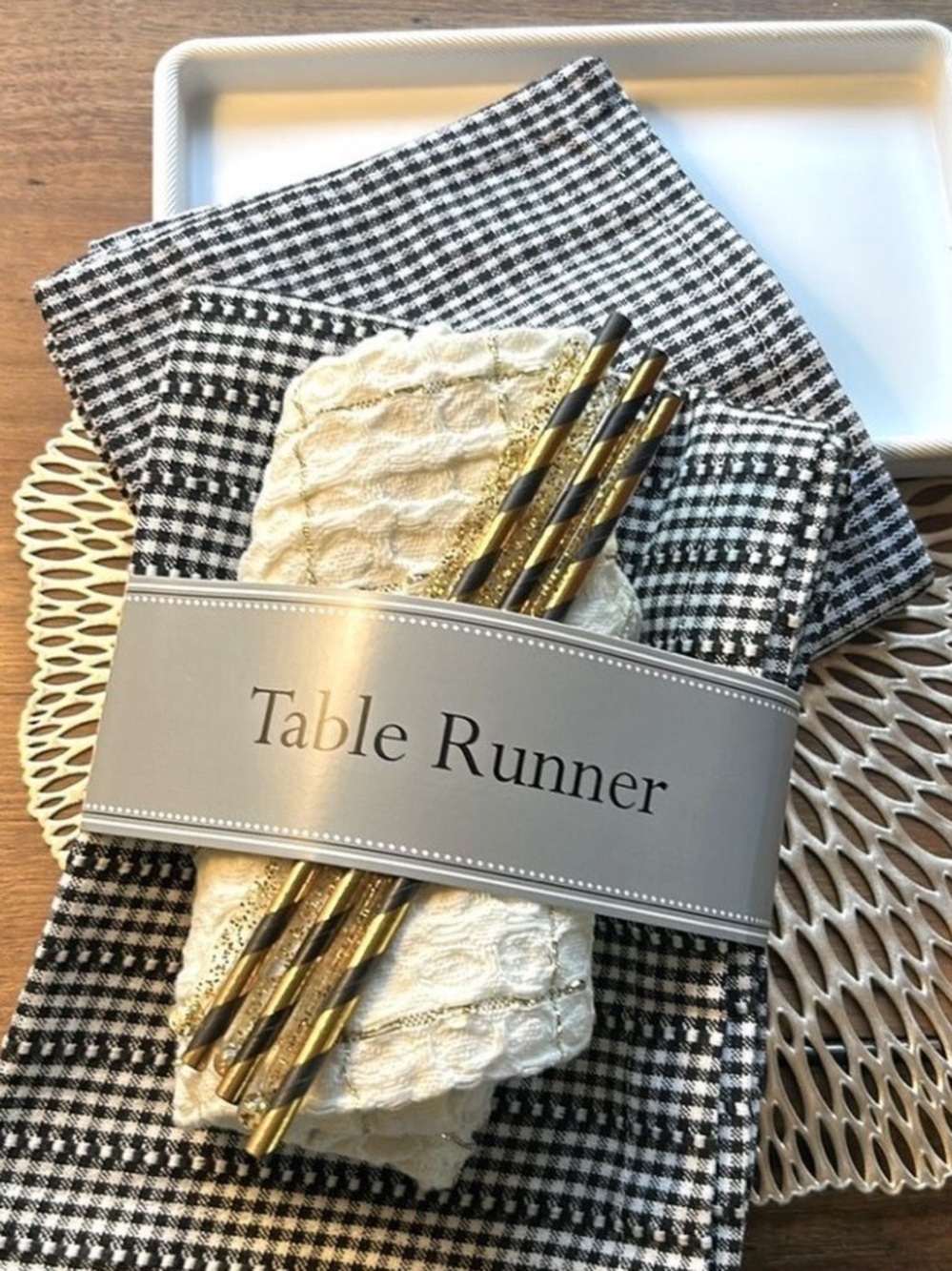 Gingham Table Runner Black + White 14 x 108 Inches Tablescape Black Gold NEW!
